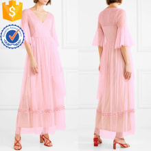 Rose Ruffle V-Neck Perles Agrémentée Tulle Wrap Maxi Robe D&#39;été Fabrication En Gros Mode Femmes Vêtements (TA0328D)